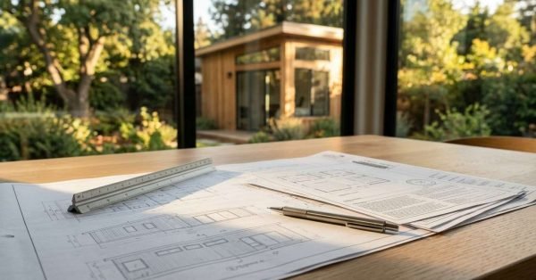 Architectural ADU blueprints, triangular scale ruler, and pen on table with backyard studio shed in background