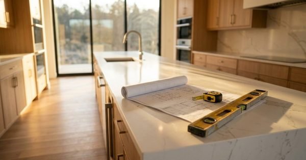 White quartz kitchen island countertop inside a luxury custom home featuring rolled architectural blueprints, a yellow tape measure, and a spirit level, with natural wood cabinetry and sunlight streaming through large glass doors in the background.