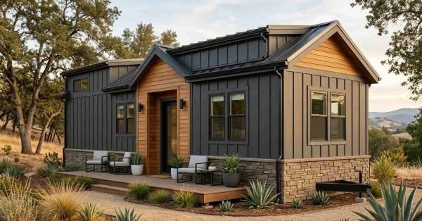 Modern park model home exterior with charcoal board-and-batten siding, warm wood accents, stone veneer skirting, a metal roof, and a landscaped front porch.