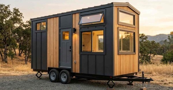 Modern tiny house on wheels with large energy-efficient windows, black metal siding, and natural wood exterior in a scenic countryside setting.