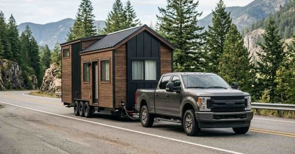 Pickup truck towing a road-ready tiny house on a triple-axle trailer along a mountain highway, surrounded by pine forests and scenic rocky landscapes.