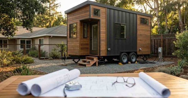 Site blueprints and reading glasses on table overlooking legally parked tiny house on wheels connected to backyard utility pedestal