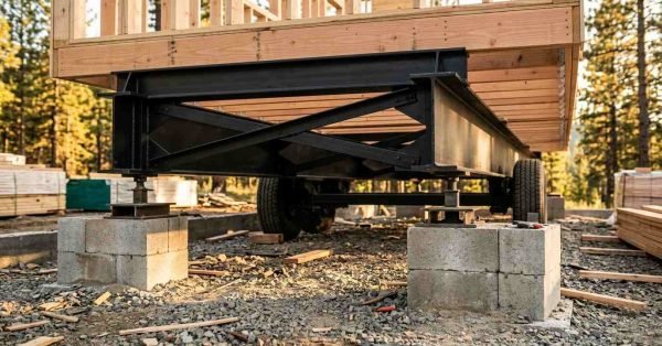 Heavy-duty steel I-beam chassis and framing of a tiny home or park model RV supported by adjustable screw jacks resting on concrete block piers.