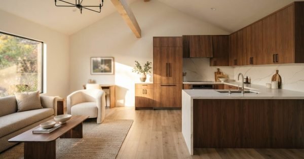 An open-concept ADU interior featuring a modern walnut kitchen with a waterfall quartz island, adjacent living room with neutral boucle seating, and a vaulted ceiling with an exposed wood beam