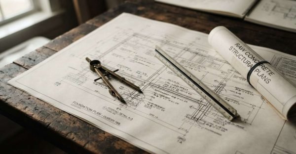 Structural engineering foundation plan blueprint with a brass drafting compass, scale ruler, and rolled raw concrete structural plans on a rustic wooden desk