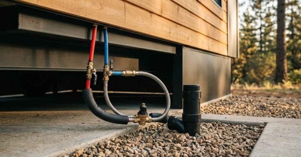 Exterior view of a tiny home plumbing hookup station featuring insulated hot and cold PEX water lines, a pressure regulator, and a black ABS drain pipe connected beneath the wooden chassis and cedar siding.