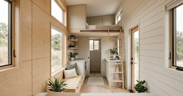 Tiny house interior with light wood wall paneling, white shiplap walls, large windows, and a space-saving loft bed with ladder.