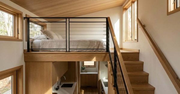 Tiny house loft bedroom with a raised bed, wooden staircase, black metal railing, and compact kitchen below.