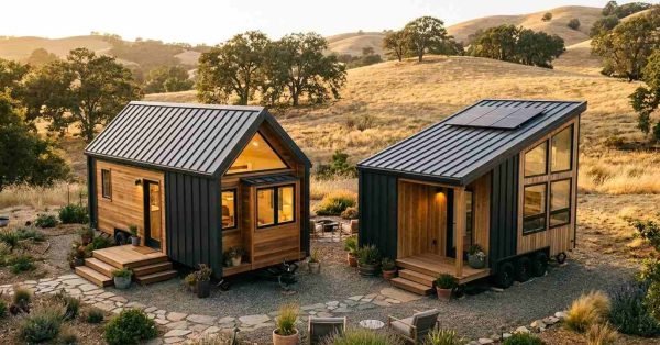Two modern tiny houses with contrasting gable and shed roof designs, metal roofing, wood siding, and solar panels in a scenic countryside setting.