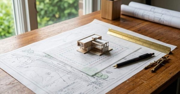 Miniature modern house scale model placed on a site plan overlay with a brass scale ruler, drafting pencil, compass, and rolled blueprints on a wooden desk near a window