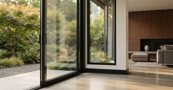 Large black-framed sliding glass doors and polished concrete floors opening up to a lush green outdoor garden patio