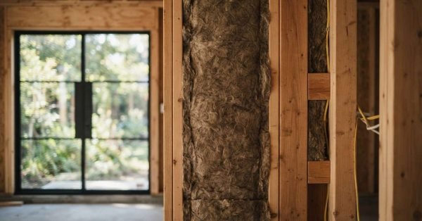 Mineral wool insulation batt installed inside wood wall stud framing alongside electrical wiring during residential house construction