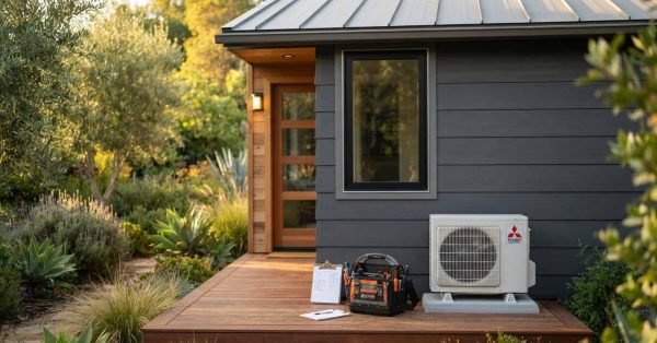 A technician's tool bag and inspection clipboards resting on a redwood deck beside an outdoor mini-split heat pump unit outside a modern dark gray ADU cottage surrounded by garden landscaping